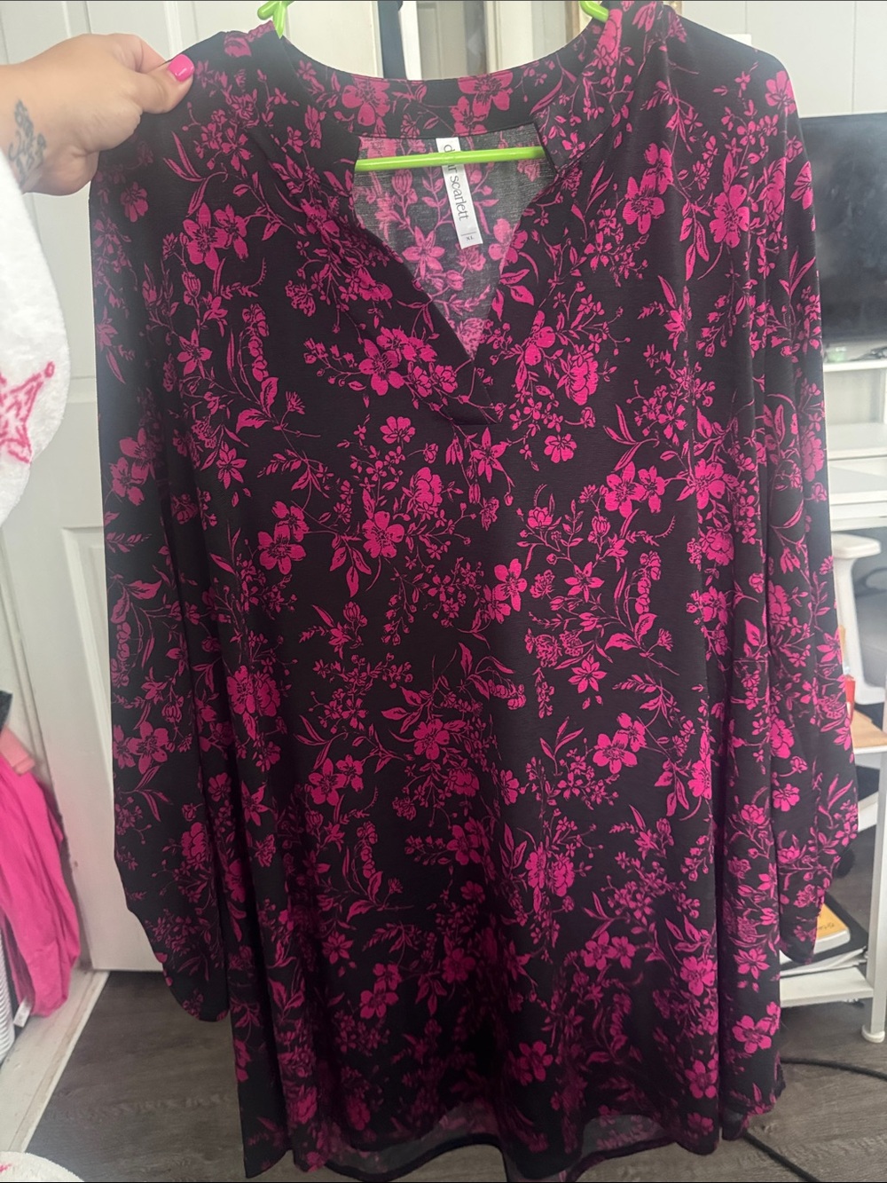 Black Tunic Top with Fuchsia Floral Print
